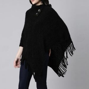 Cozy Knitted Pullover Poncho Sweater Button Detail Fringe Tassel BLACK One Size